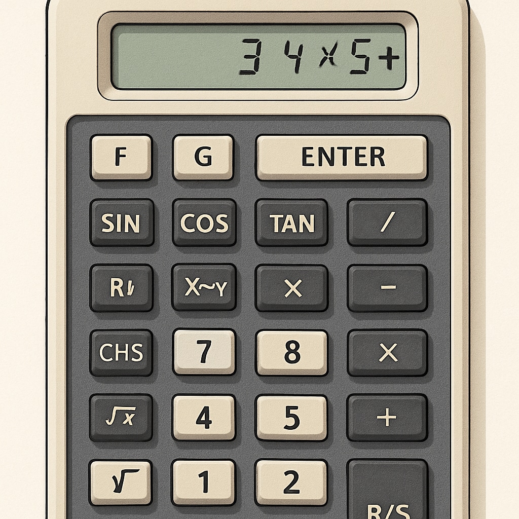 A close-up of an RPN calculator displaying a solved equation, illustrating its unique input method. An RPN calculator screen showing solved calculations, highlighting its efficient input system.