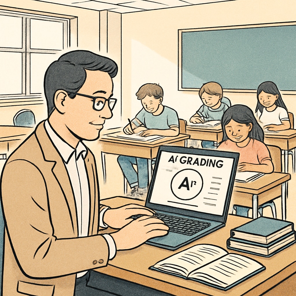 A teacher using an AI-powered grading tool on a laptop in a classroom setting. The image represents how AI can automate administrative tasks for educators. A teacher using AI to grade assignments, reducing workload and improving efficiency.