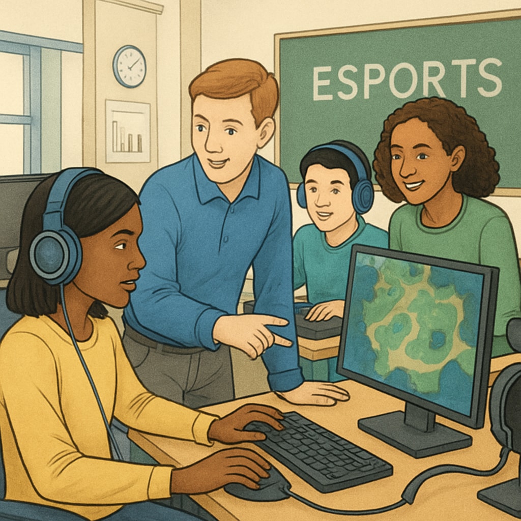 A diverse group of students participating in an esports competition in a classroom setting, highlighting inclusivity and teamwork. Diverse students participating in an esports competition in a classroom.