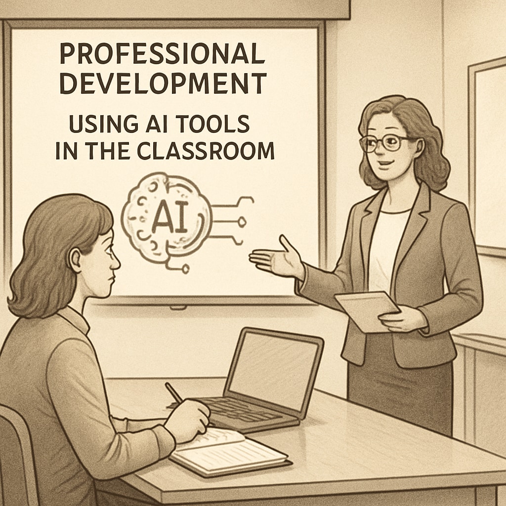 An educator attending a training session on how to use AI tools in the classroom. The image highlights the need for professional development in adopting AI technologies. A teacher receiving AI training to effectively integrate tools into their teaching workflow.