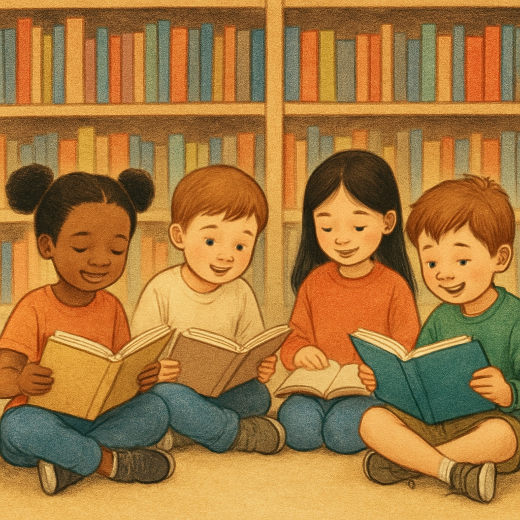 A colorful illustration of children reading books together in a cozy library setting, symbolizing a love for reading. Children reading books in a library, emphasizing free reading incentive systems.