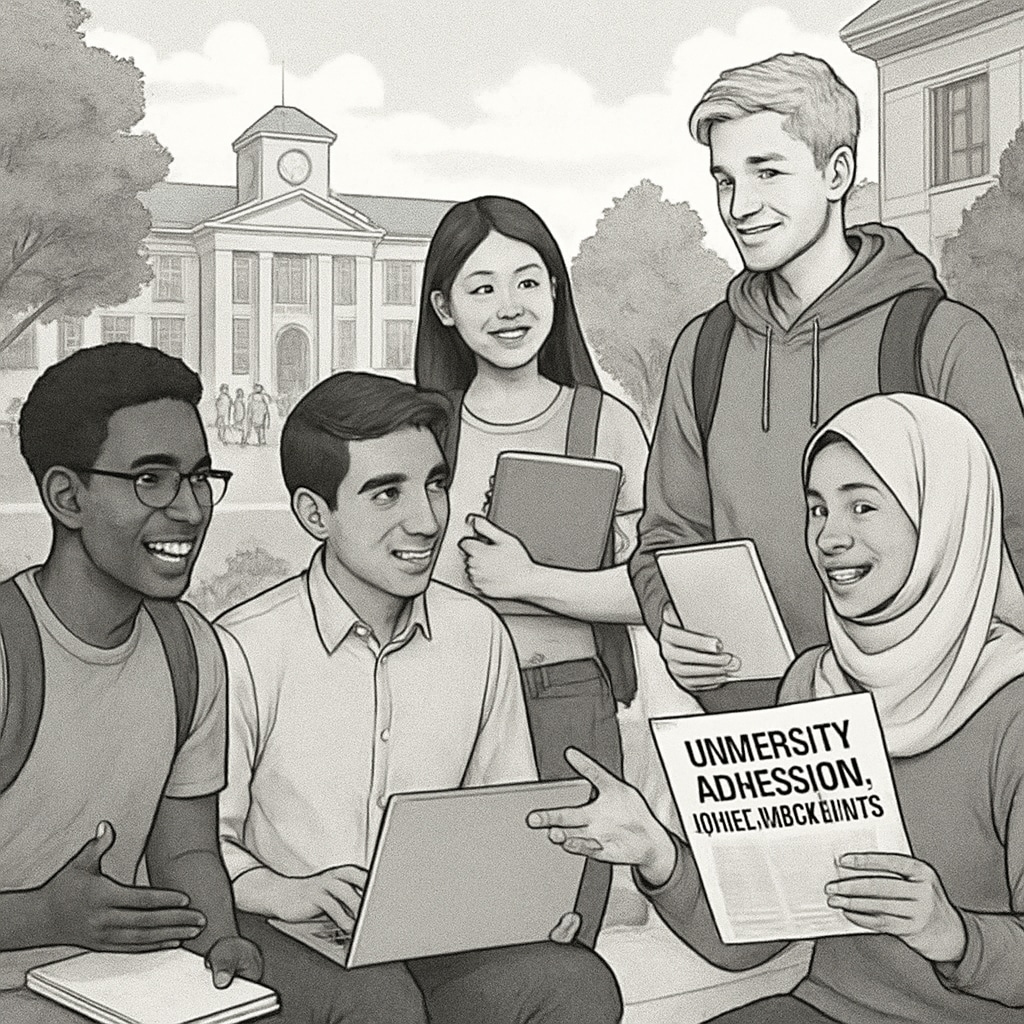 A group of diverse international students discussing admission requirements at a university campus. AS level students discussing admissions at an affordable university campus.