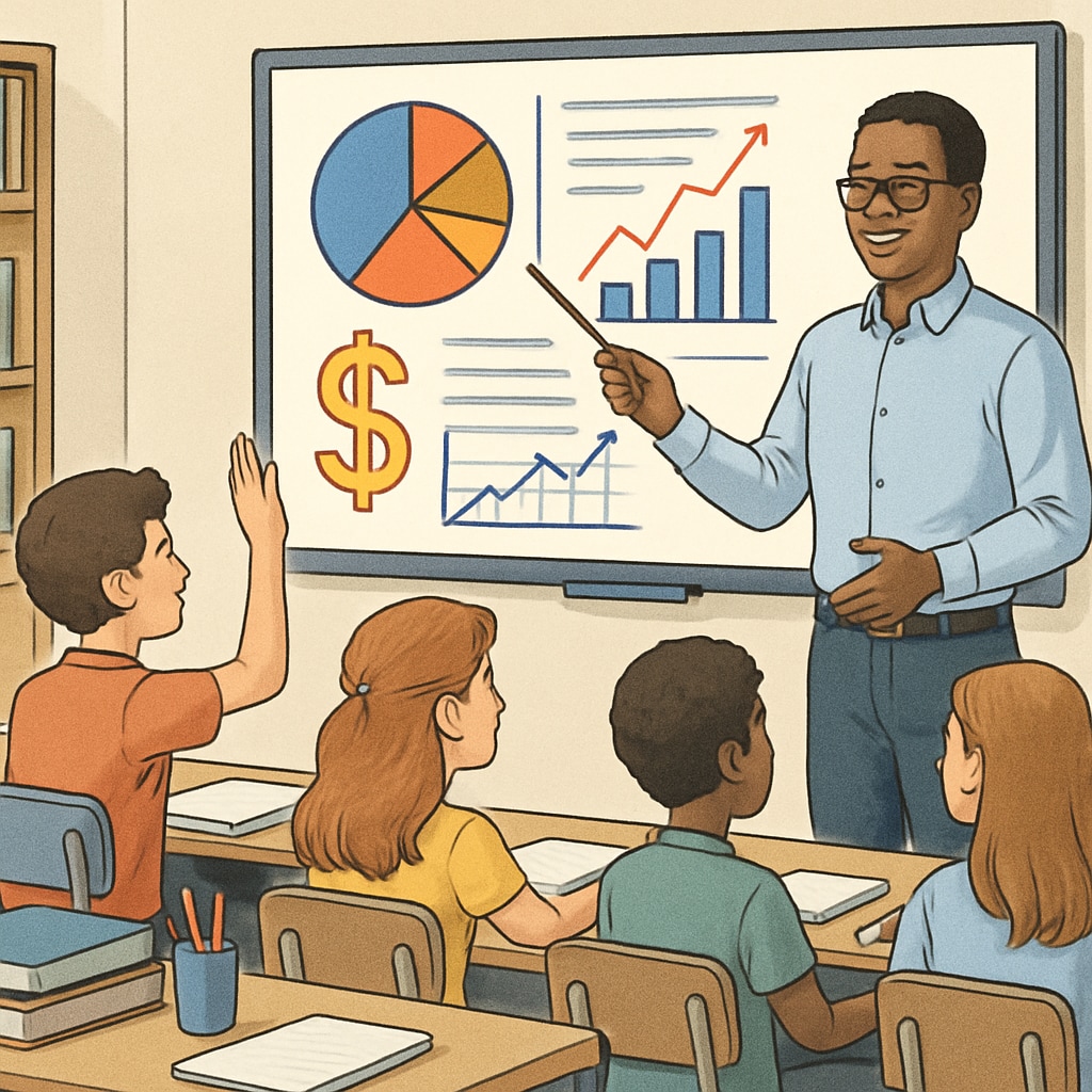 A classroom of students engaged in a financial literacy workshop, with charts and graphs displayed on a screen. Students learning financial literacy in a classroom setting