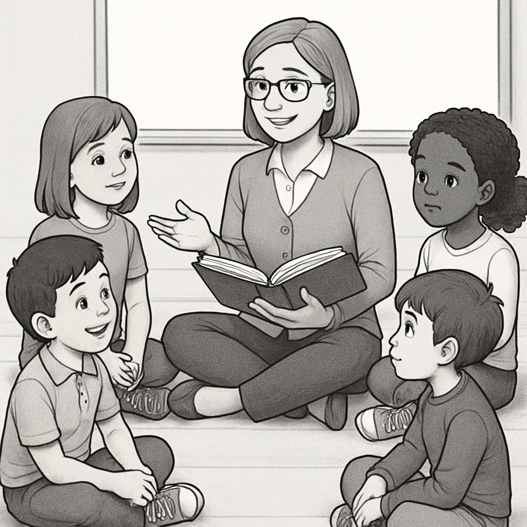 A teacher sitting with students in a circle, discussing a storybook, highlighting an interactive reading approach. Teacher and students discussing a storybook to promote reading comprehension.