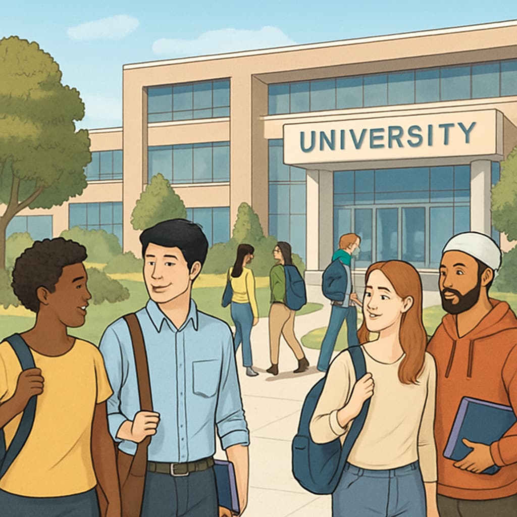 An international campus with students walking near an affordable university building. Affordable global university accepting AS level qualifications.