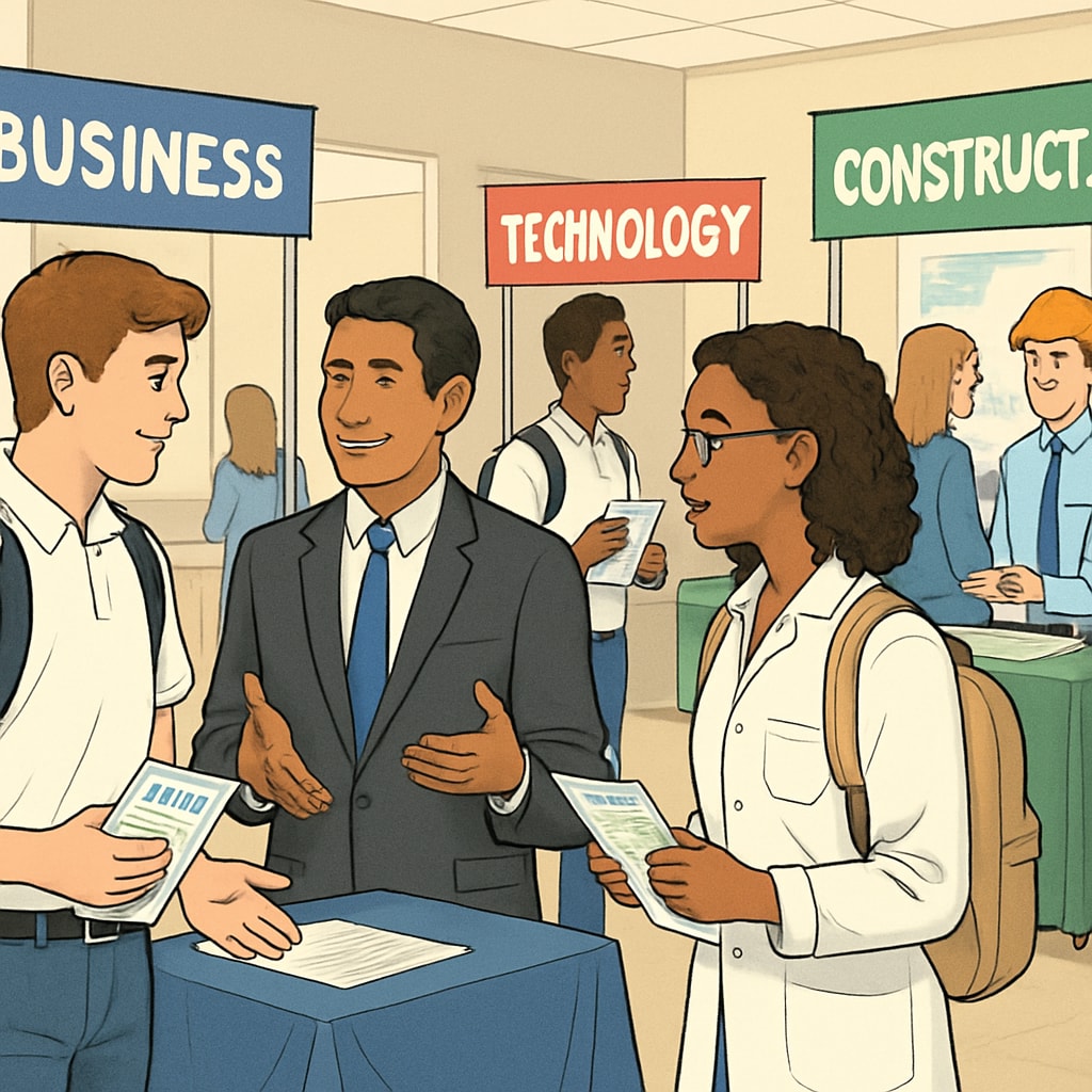 High school students participating in a career fair, engaging with representatives from various industries. Students interacting with professionals at a career fair