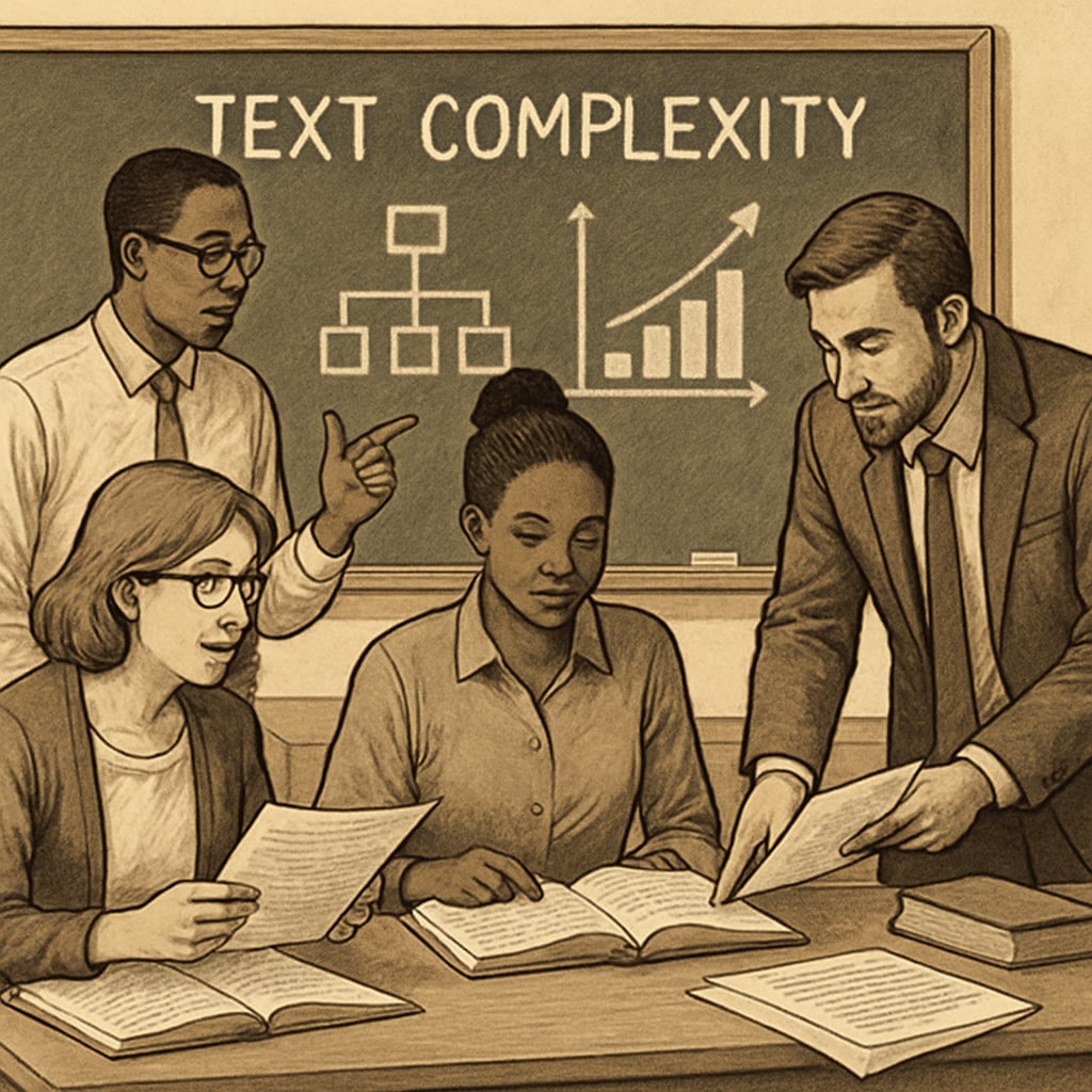An image depicting a classroom setting where teachers are analyzing text complexity, symbolizing collaboration in educational research. Teachers analyzing text complexity in classrooms as part of reading comprehension assessment research.