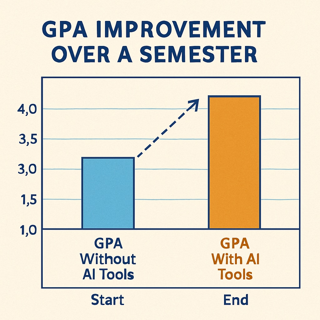 A comparison chart showing GPA improvement over a semester, emphasizing the impact of AI tools. Chart illustrating GPA improvement due to AI subscription services.