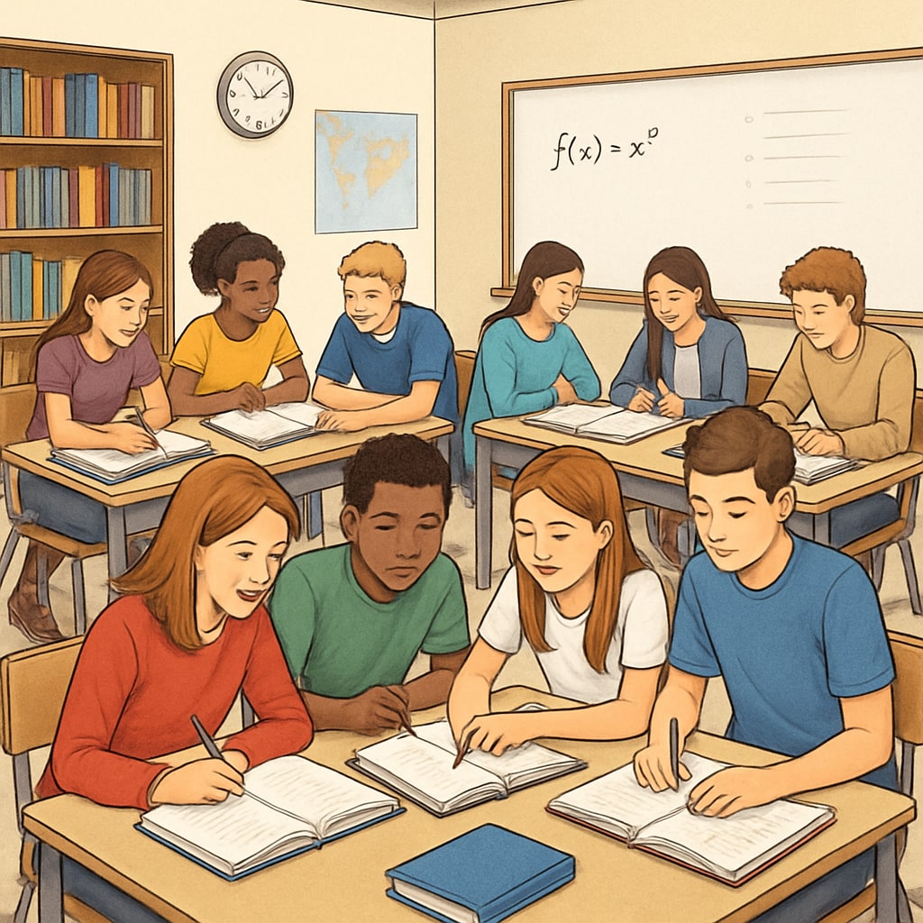 A high school classroom with students engaged in collaborative learning, emphasizing academic preparedness. Students in a high school classroom engaged in collaborative learning activities.