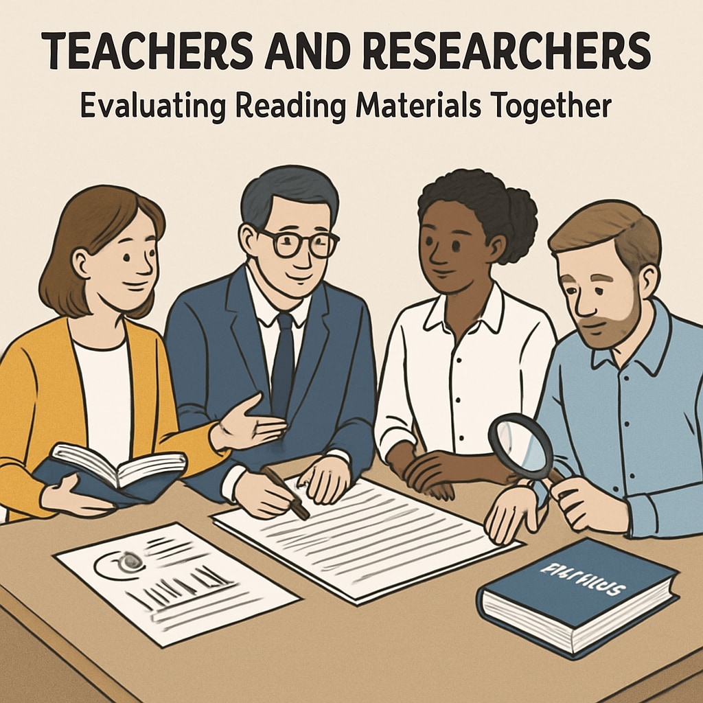 A visual representation of teachers collaborating with researchers to assess reading materials, emphasizing the partnership in shaping education. Teachers working with researchers to evaluate texts for student literacy improvements.