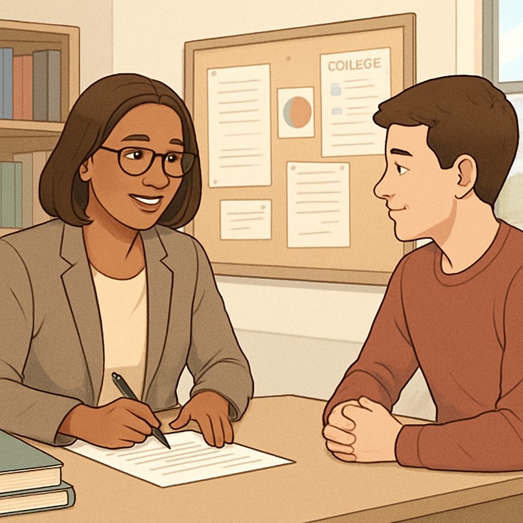 A school counselor discussing academic plans with a student in an office setting. School counselor helping a student plan their academic future, related to non-teaching roles in education.