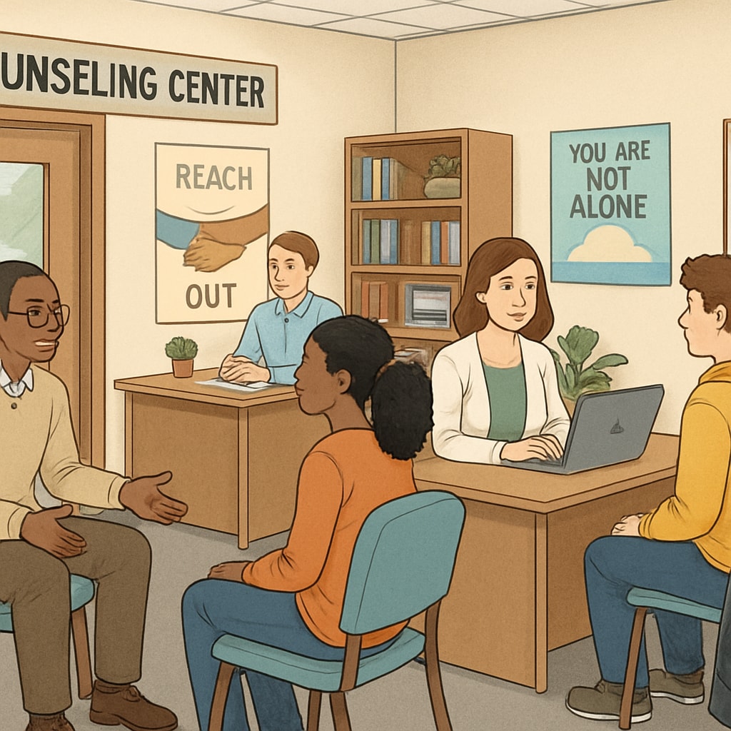 A counseling center on a college campus where staff members assist students, representing comprehensive support systems. A college counseling center with staff assisting students.