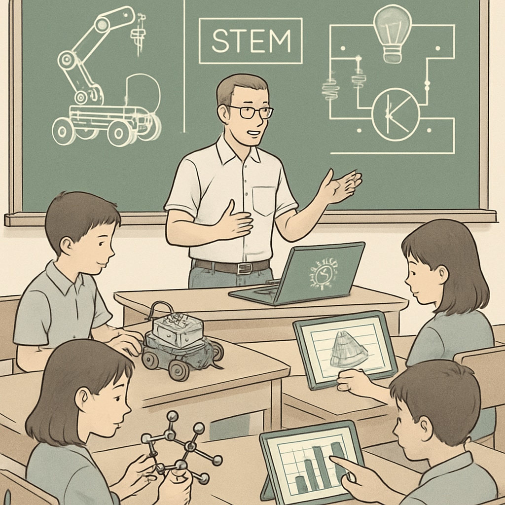 A classroom setting where STEM concepts are taught using advanced educational tools designed by an engineer-educator. STEM concepts taught using tools designed by engineer-educator