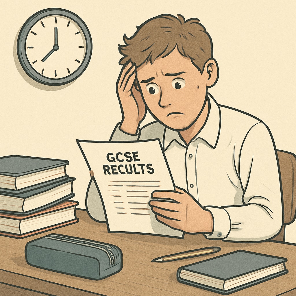 Student experiencing academic anxiety while reviewing their GCSE results.