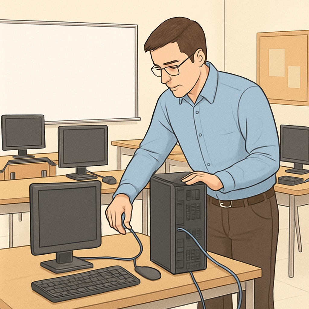 A school IT technician setting up computers in a classroom. IT technician installing classroom technology, showcasing non-teaching careers in schools.