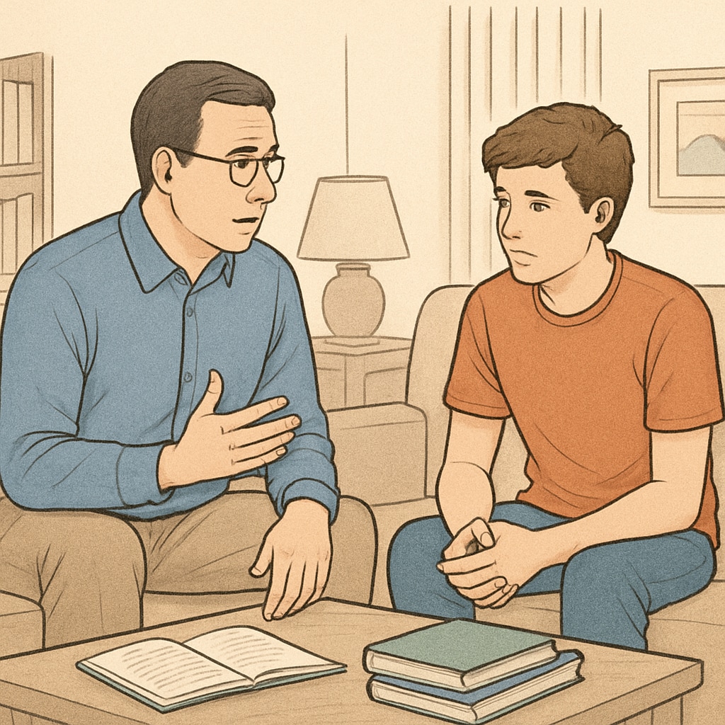 A concerned parent discussing academic concerns with a teenager at home, emphasizing the importance of communication and trust. Parent discussing academic struggles with teen for positive development.