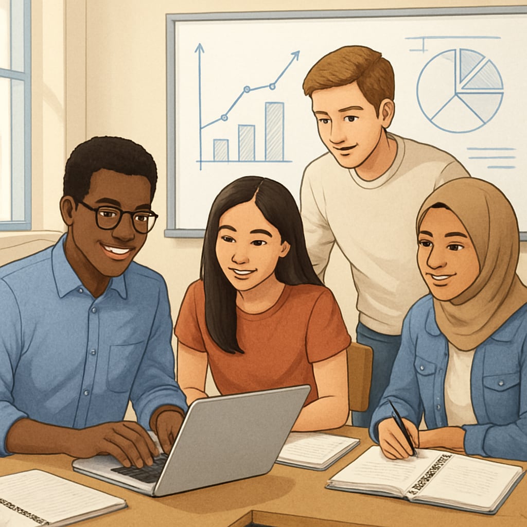 A diverse group of students working on a collaborative data science project in a bright classroom setting. Students working together on a data science project, relevant to international students applying to U.S. universities.