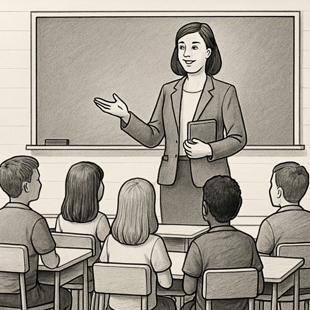 A teacher addressing a classroom of attentive students during a lesson, demonstrating effective classroom management. Classroom management with a teacher addressing students.