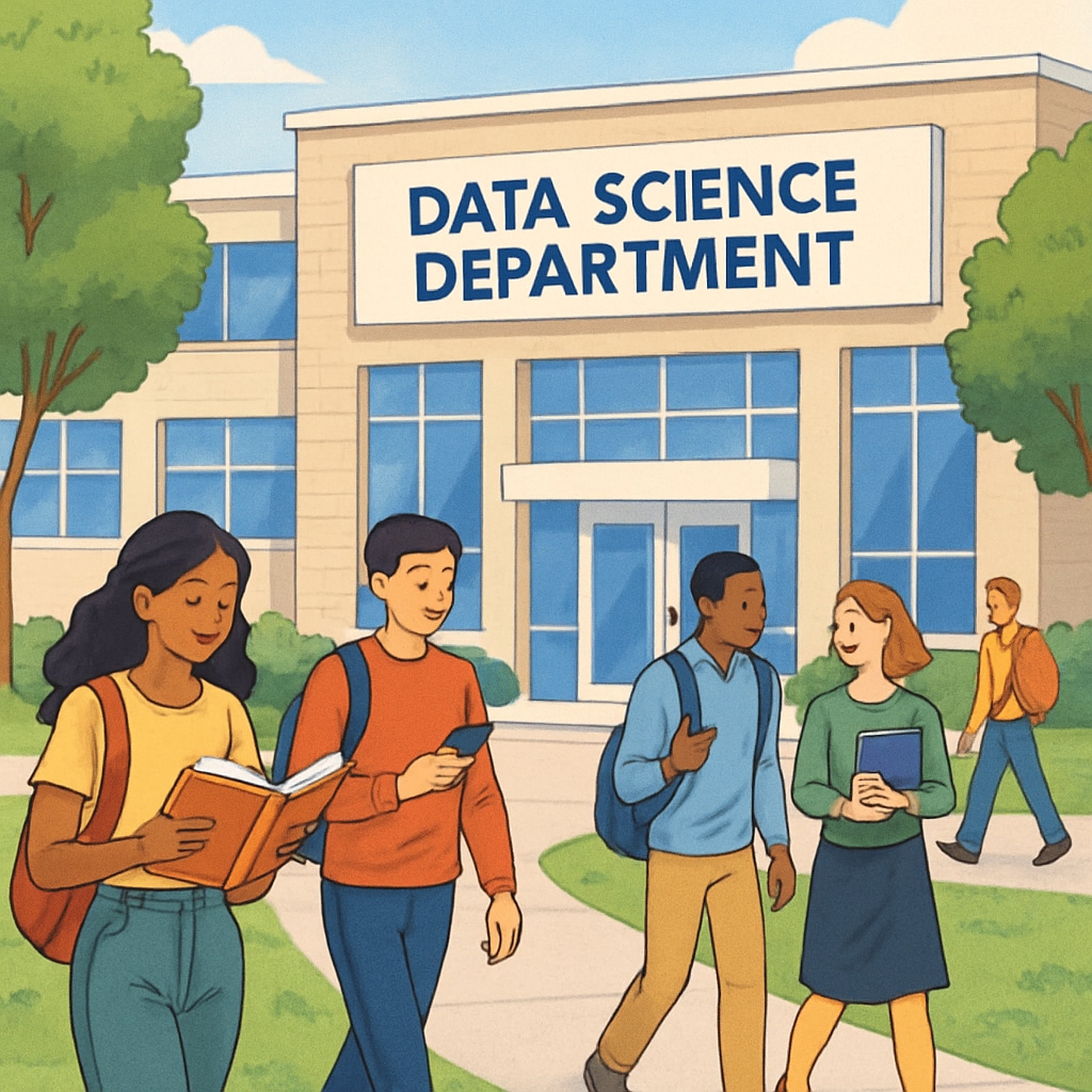 A vibrant university campus with students walking near a building labeled A university campus showcasing the data science department, emphasizing U.S. undergraduate programs.