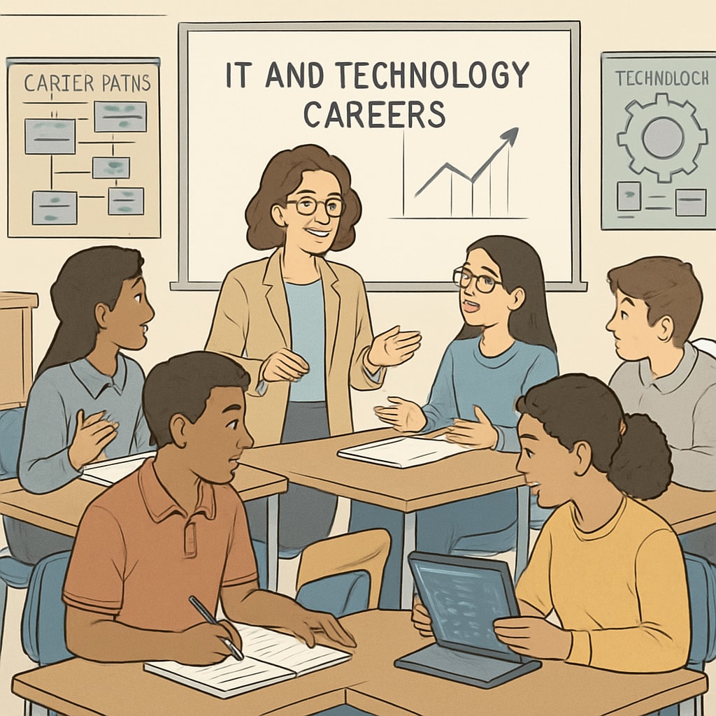 A group of high school students attending a workshop on IT and technology careers, showcasing their active participation in career exploration. High school students in a workshop on IT careers and technology-related fields.