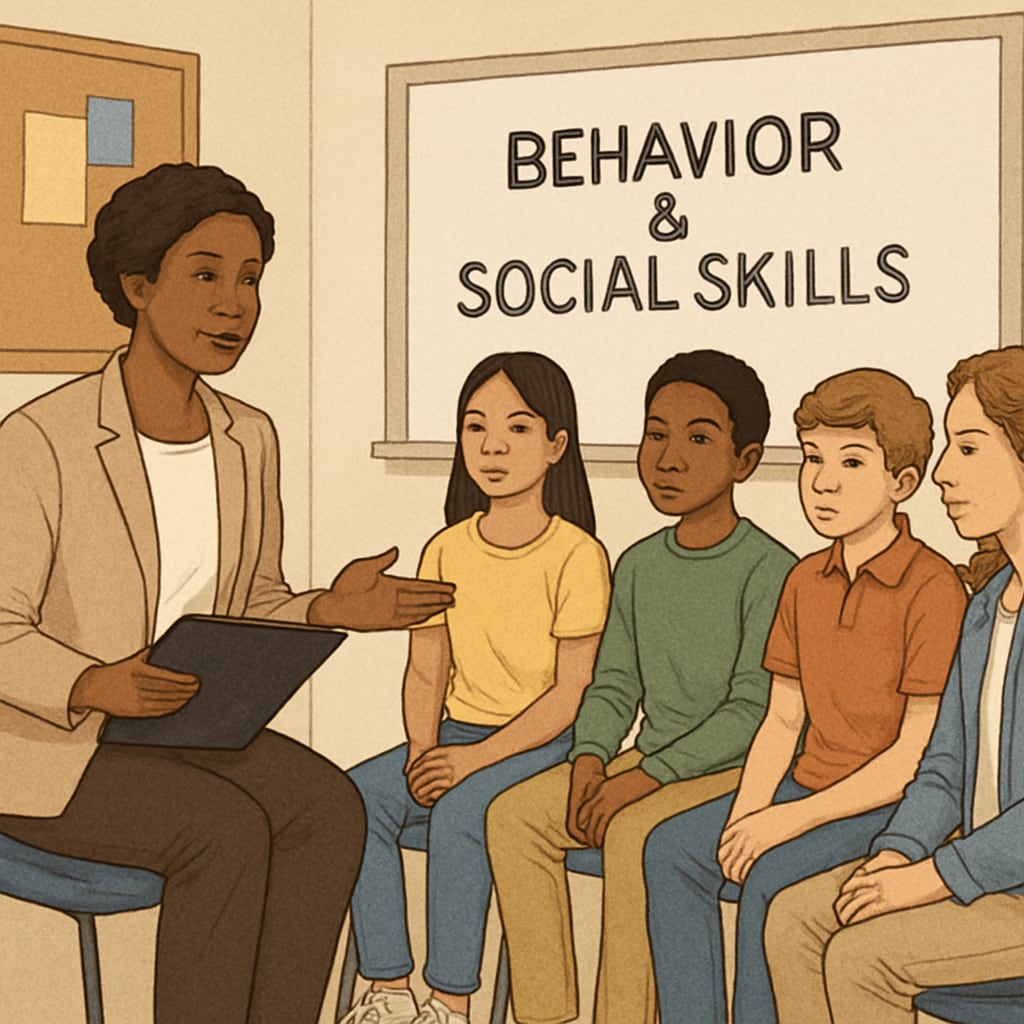 A counselor leading a small group session with students, focusing on behavior improvement and social skills. Behavior correction session with students.
