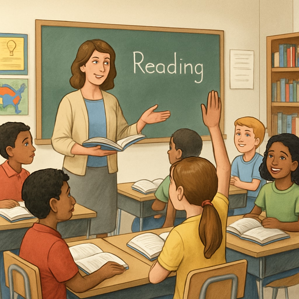 A classroom of fifth-grade students engaged in an interactive reading session, with the teacher guiding discussion. Fifth-grade students engaged in a reading session with their teacher, focusing on ELA teaching strategies.