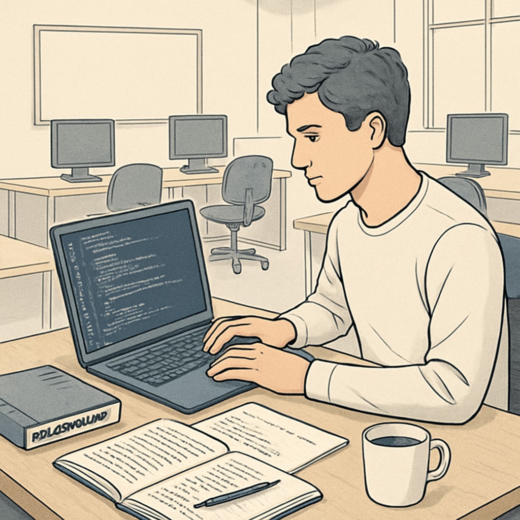 A college student working on a coding project in a computer lab, illustrating hands-on learning in IT education. College student coding in a lab, representing IT majors.