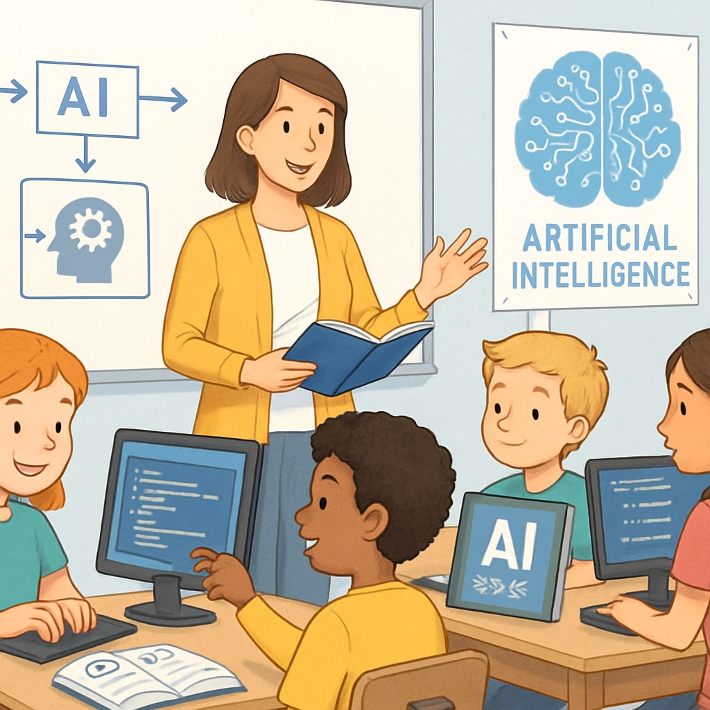 Students learning coding and AI concepts in a classroom setting.