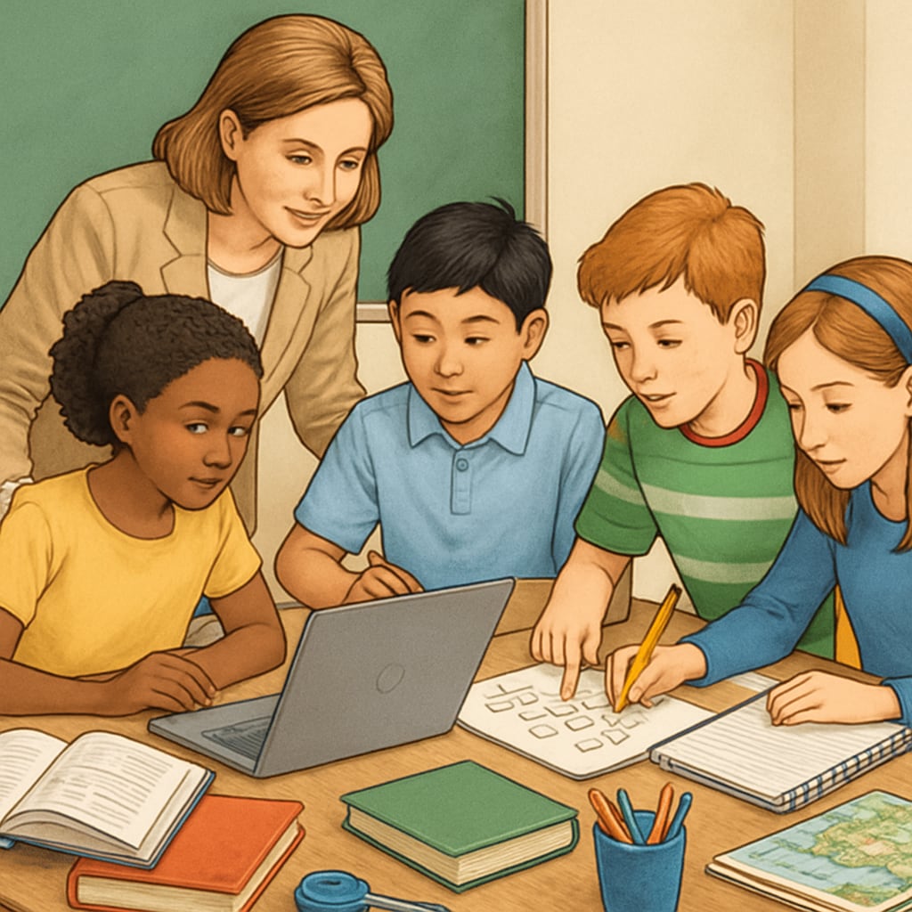 A teacher and students collaborating on a project-based learning activity, surrounded by books and educational materials. Students and teacher working on a collaborative project related to fifth-grade ELA strategies.