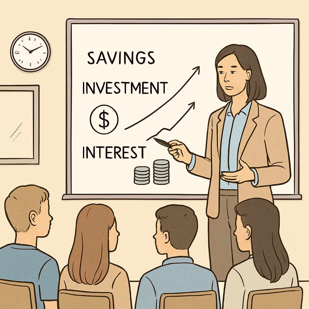 Teacher explaining financial literacy concepts to students.
