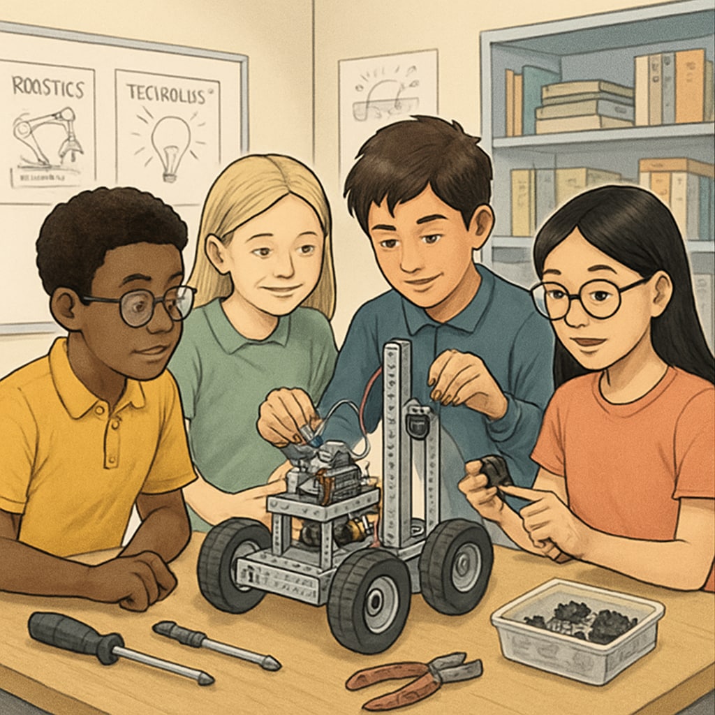 Students working on robotics projects in a K12 classroom.