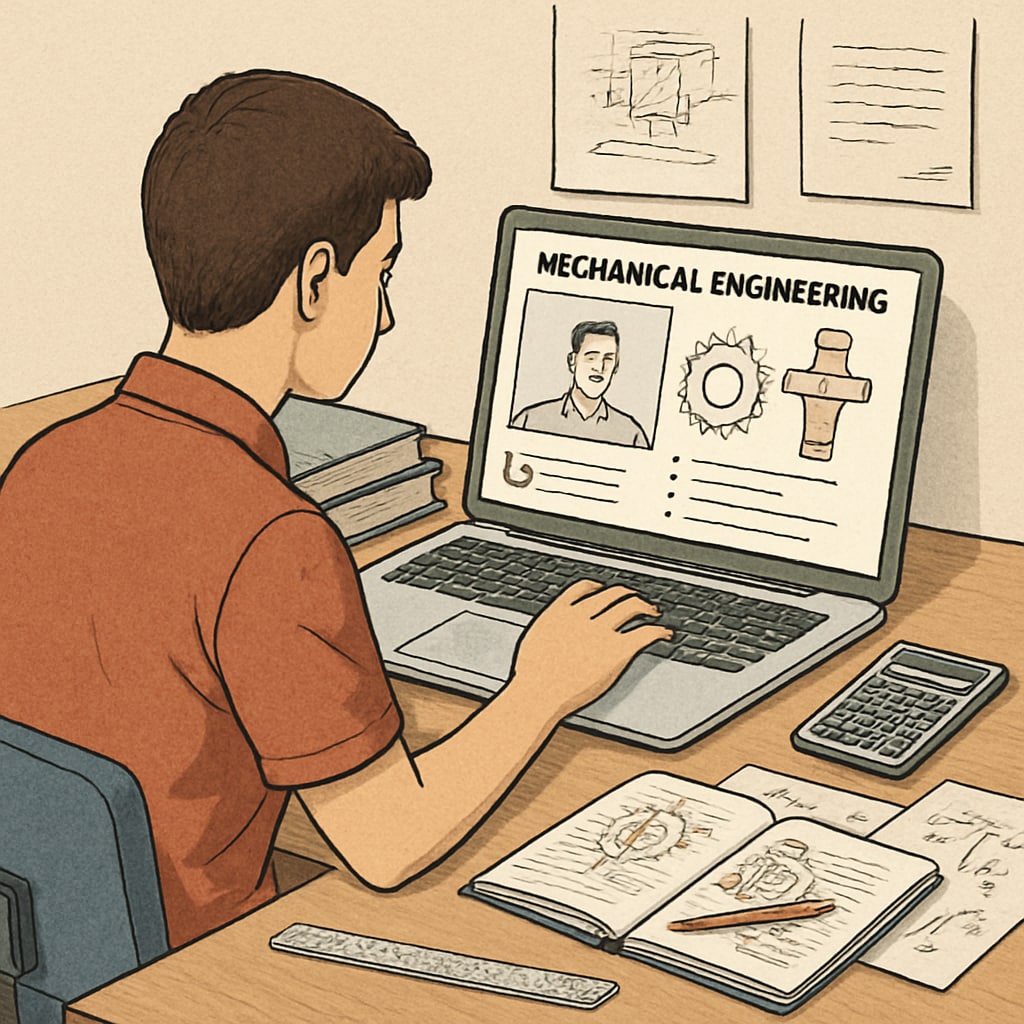 A student studying mechanical engineering while accessing an online course on a laptop. Mechanical engineering student accessing an online course for career development.