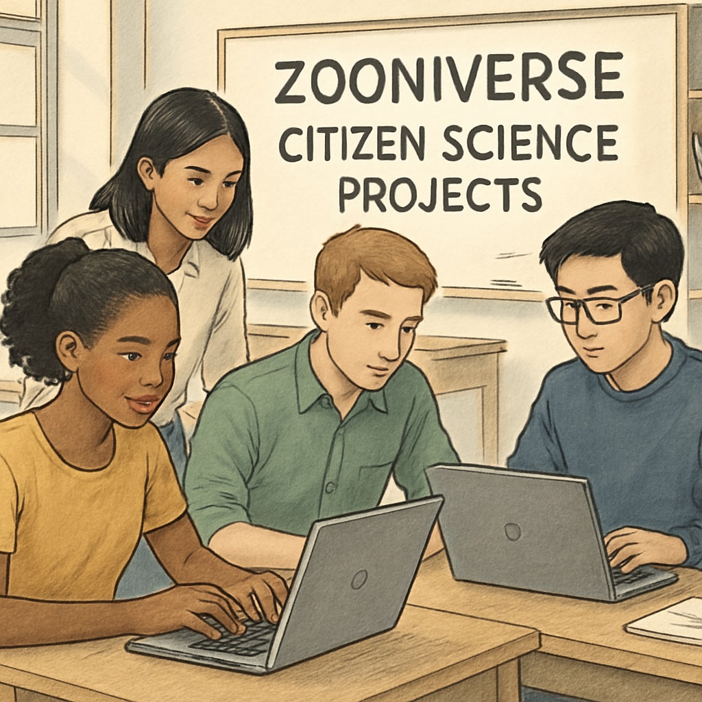 A diverse group of students working on laptops, engaging in Zooniverse citizen science projects. Students participating in Zooniverse citizen science projects.