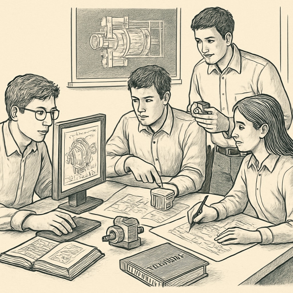 A group of mechanical engineering students collaborating on a project, with one accessing online resources. Mechanical engineering students working together on a project with online learning tools.