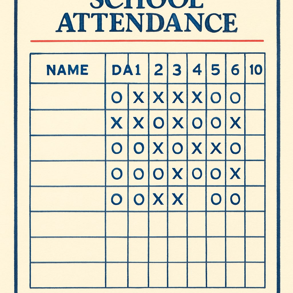 A generic image of a school attendance sheet or calendar, symbolizing strict attendance policies. School attendance sheet or calendar highlighting strict attendance rules.
