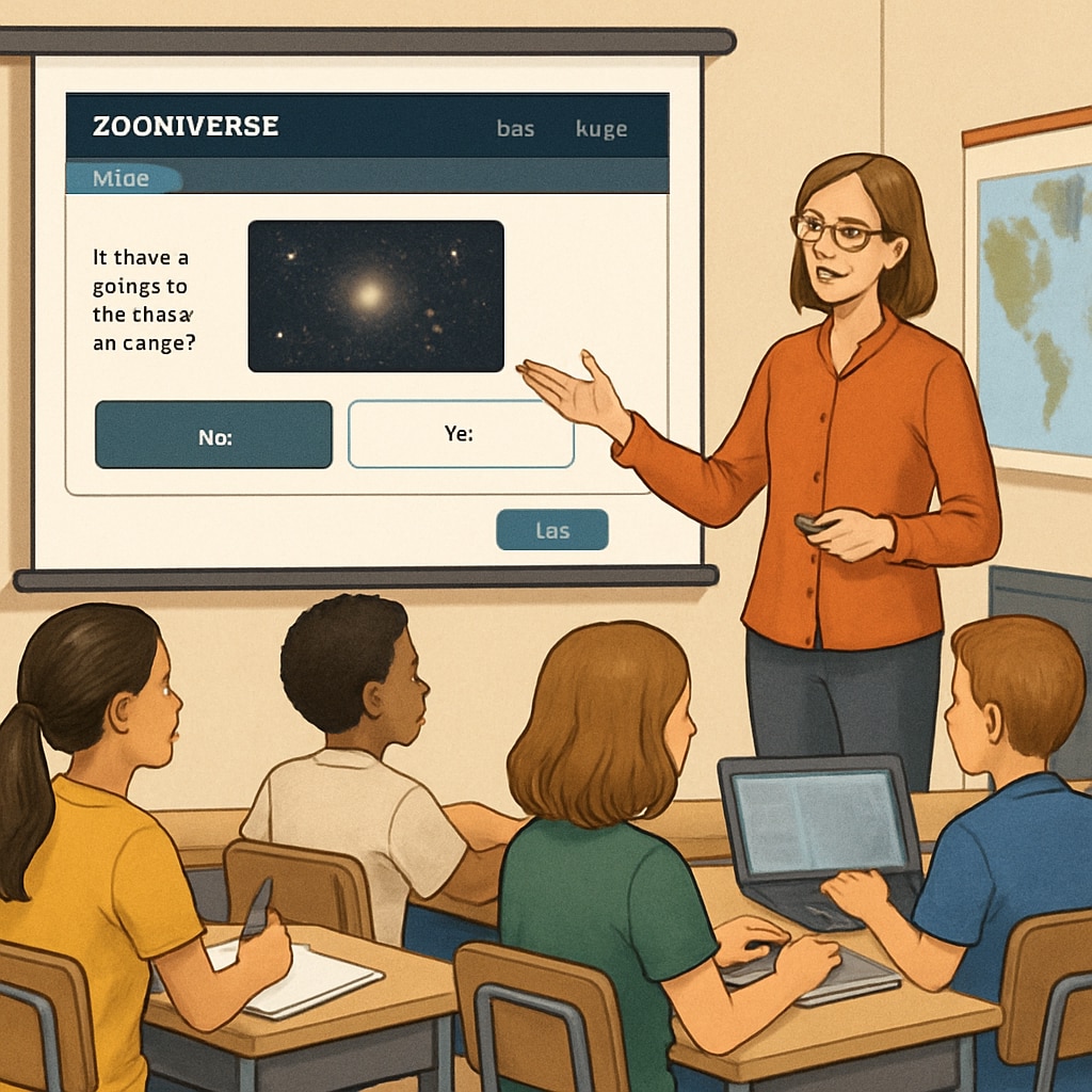 A teacher guiding students through a Zooniverse project on a classroom projector. Teacher explaining a Zooniverse project to K-12 students in a classroom.