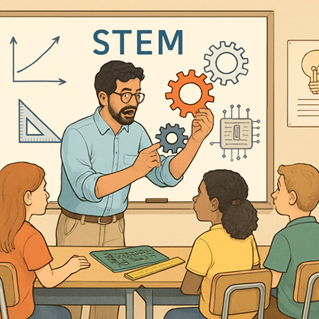 A teacher using engineering tools in a K-12 classroom to demonstrate STEM concepts. A teacher incorporating STEM tools in a K-12 classroom.