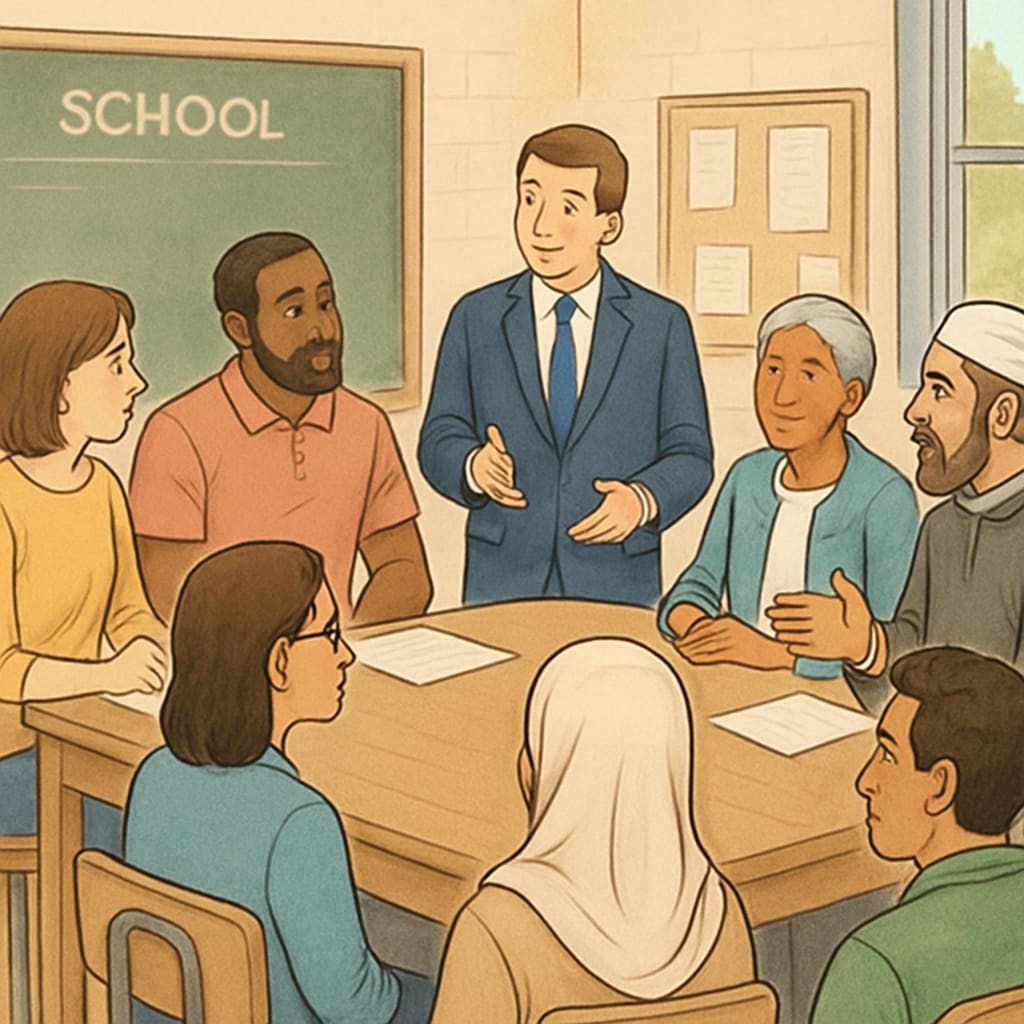 A community meeting or a discussion involving parents, school officials, and potentially a religious representative. A meeting scene discussing school attendance, penalties, and external interventions.