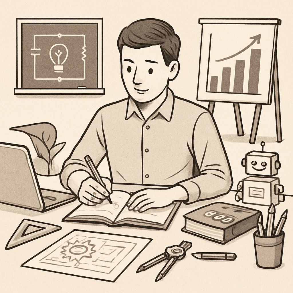 A university student working on an interdisciplinary project involving engineering and education. A student engaged in a dual-degree project combining engineering and education.