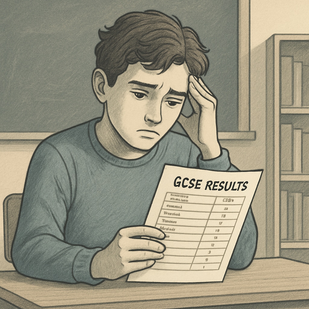 A student looking contemplative while holding a GCSE results sheet, representing academic concerns and self-doubt. A student reflecting on their GCSE results, illustrating self-doubt and academic concerns.