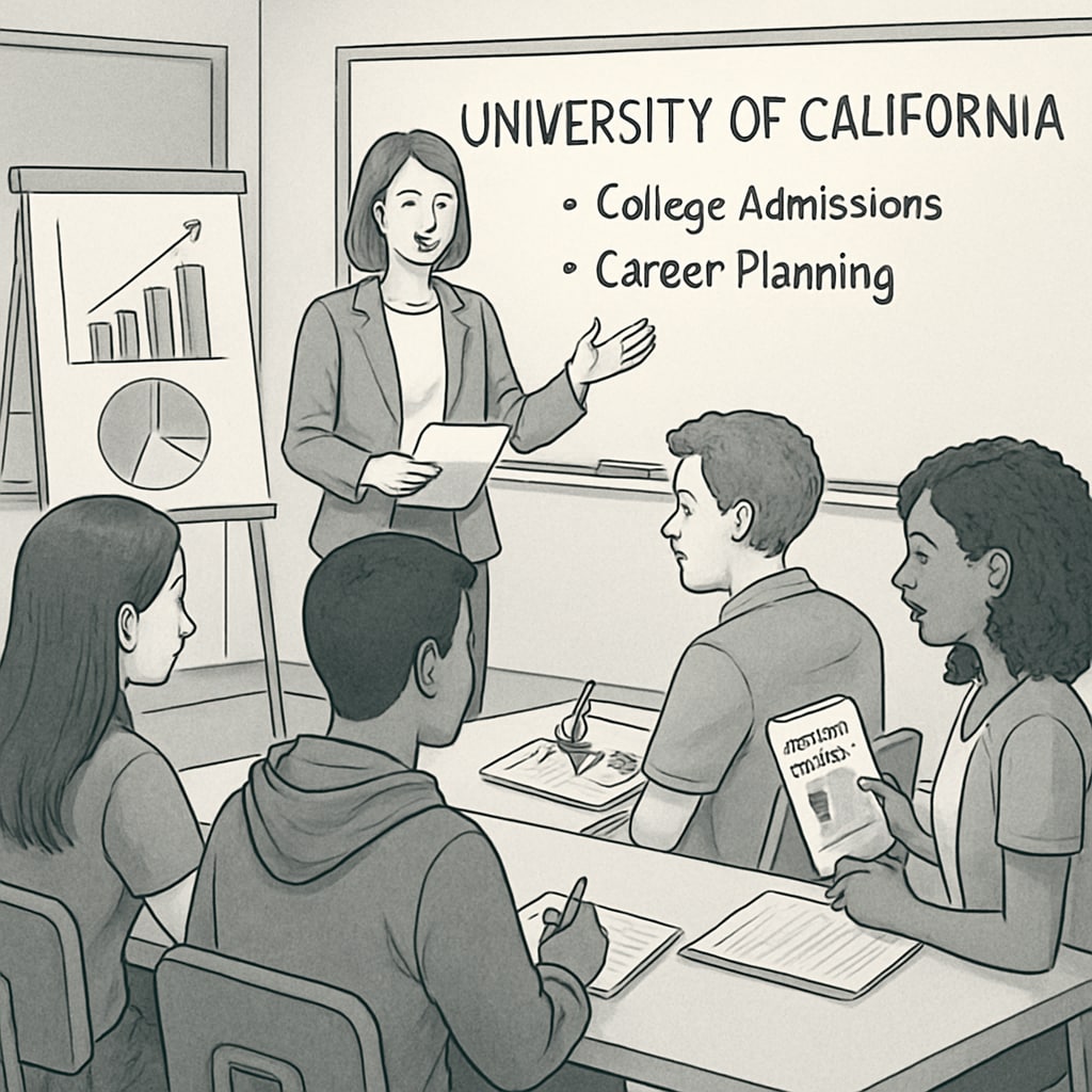 A group of high school students attending a University of California workshop, learning about college admissions and career planning. High school students at a University of California workshop discussing college admissions and career planning.