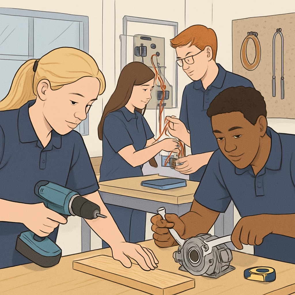 A group of students engaged in a hands-on vocational training session, illustrating alternative education pathways. Students participating in vocational training as an alternative to traditional academic routes.