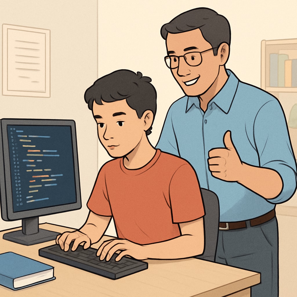 A teenager sitting at a computer, engrossed in coding, with a supportive parent beside them. The image emphasizes the connection between interests and learning. Teen coding with parental support, highlighting teen motivation strategies.