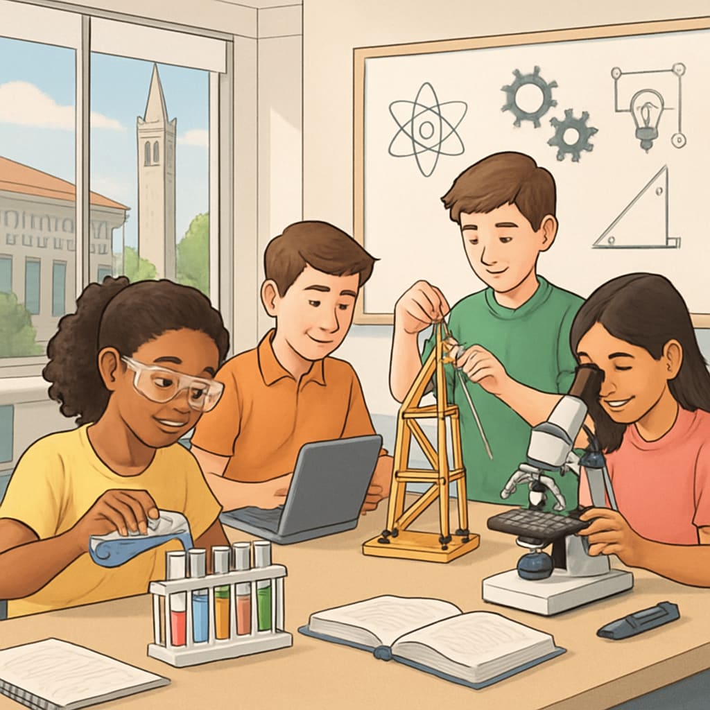 Students participating in a STEM summer program at a University of California campus, engaging in hands-on activities. High school students in a STEM summer program at a University of California campus.