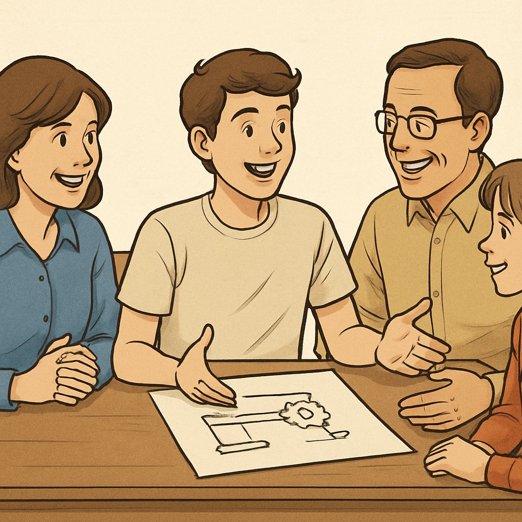 A family sitting together, discussing a teen’s latest project with smiles and enthusiasm. The image illustrates family support in teen development. Teen discussing a project with family, showcasing the role of family support.