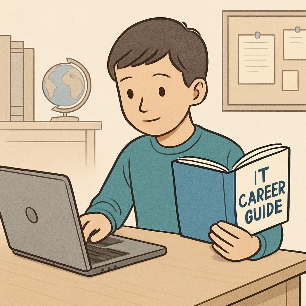 A young student exploring IT career options with a laptop and career guidebook, symbolizing career planning. A student reading about career choices, university majors, and IT paths.