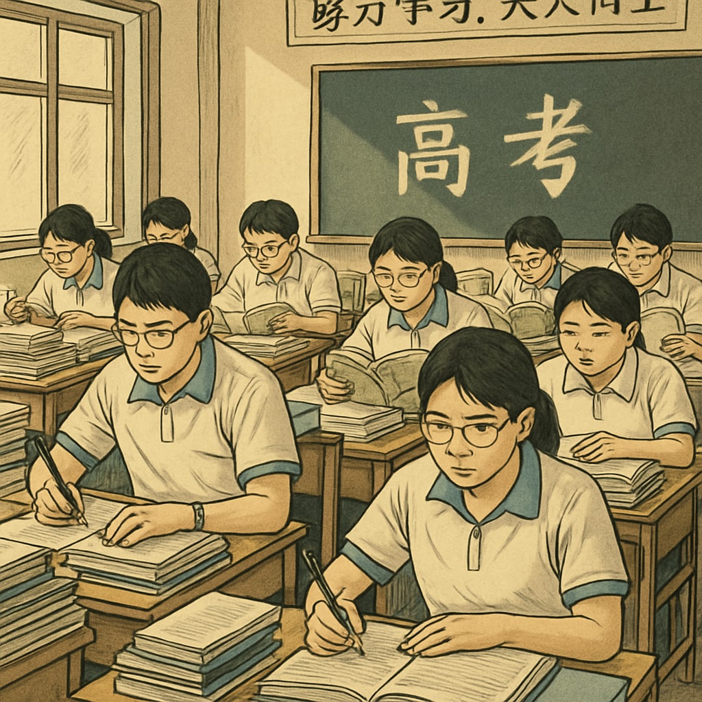 A classroom setting in China with students preparing for the Gaokao, emphasizing academic rigor in the Chinese education system. Chinese classroom with students preparing for the Gaokao, highlighting testing evaluation.