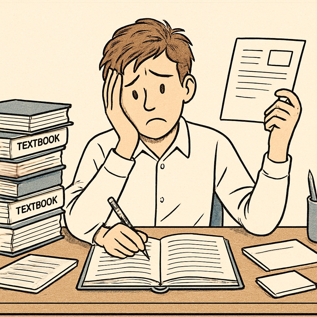 A student sitting at a desk, surrounded by textbooks, looking overwhelmed while trying to balance work and study. High school student struggling to balance work and academics.