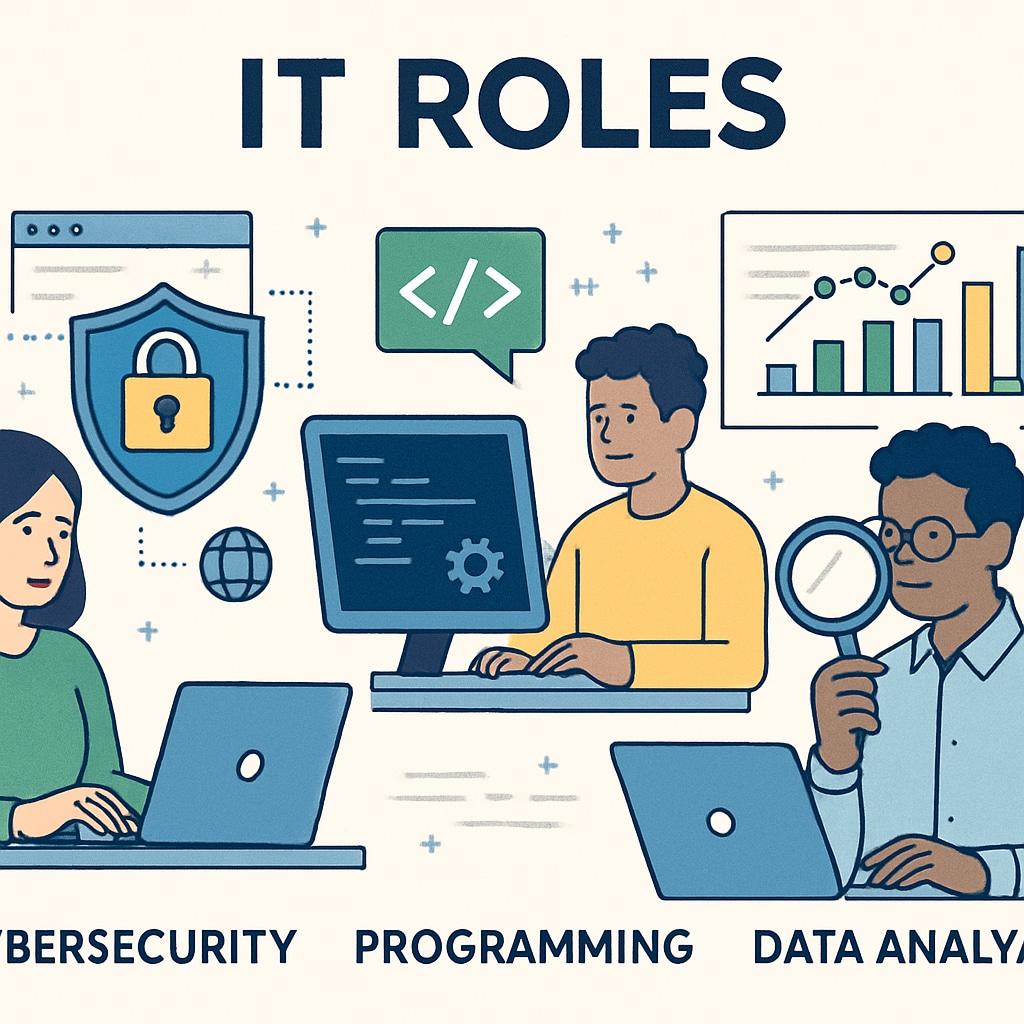 A visual representation of IT roles such as cybersecurity, programming, and data analysis, showcasing the diversity of the IT field. Various IT career paths like cybersecurity, programming, and data analysis.