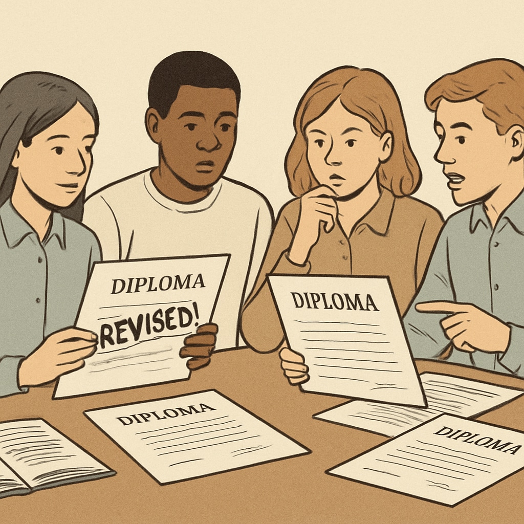 A group of students comparing diplomas, illustrating the concept of revised diplomas and their potential limitations. Students discussing the advantages and disadvantages of revised diplomas.